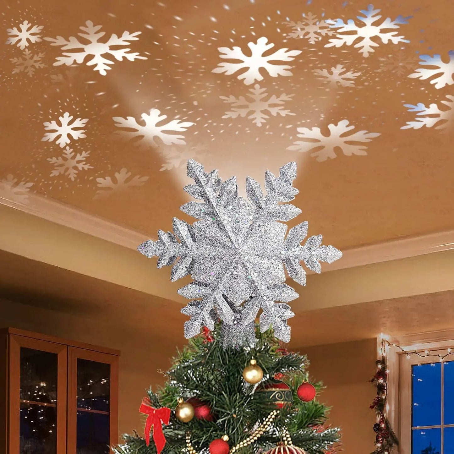 Christmas Tree Topper Lighted with Snowflake Projector,3D Hollow Glitter Lighted Snow Tree Topper for Christmas Tree Decorations